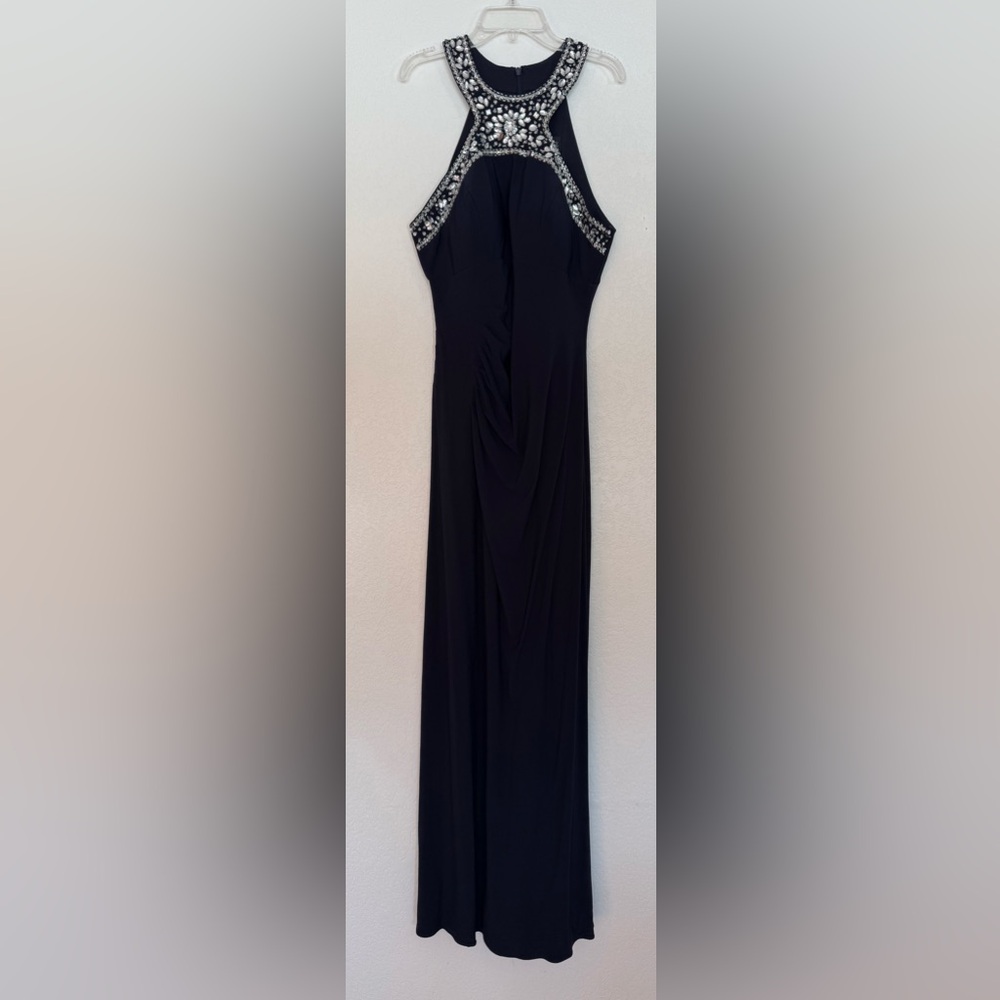 Xscape Black Maxi Dress with Silver Beaded Halter